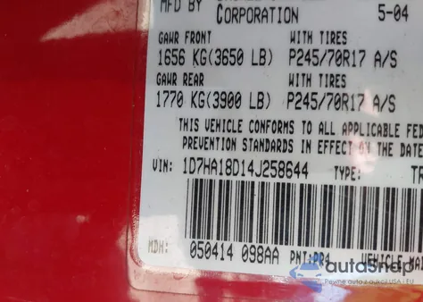 2004 Dodge Ram 1500 Slt/Laramie из США, поврежденный, VIN 1D7HA18D14J258644